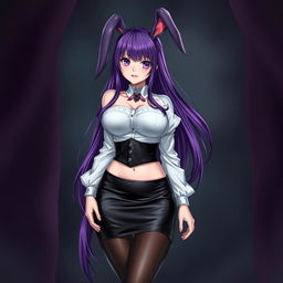A sexy gothic anime bunny girl with long, vibrant purple hair cascading down her back, emphasizing her striking features