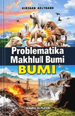 A dynamic and engaging book cover for a title about the problems faced by Earth’s creatures, featuring a collage of various animals in distress, such as polar bears on melting ice, elephants in shrinking habitats, and birds amidst pollution