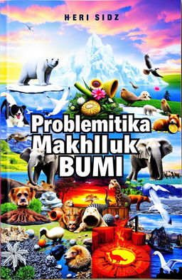 A dynamic and engaging book cover for a title about the problems faced by Earth’s creatures, featuring a collage of various animals in distress, such as polar bears on melting ice, elephants in shrinking habitats, and birds amidst pollution