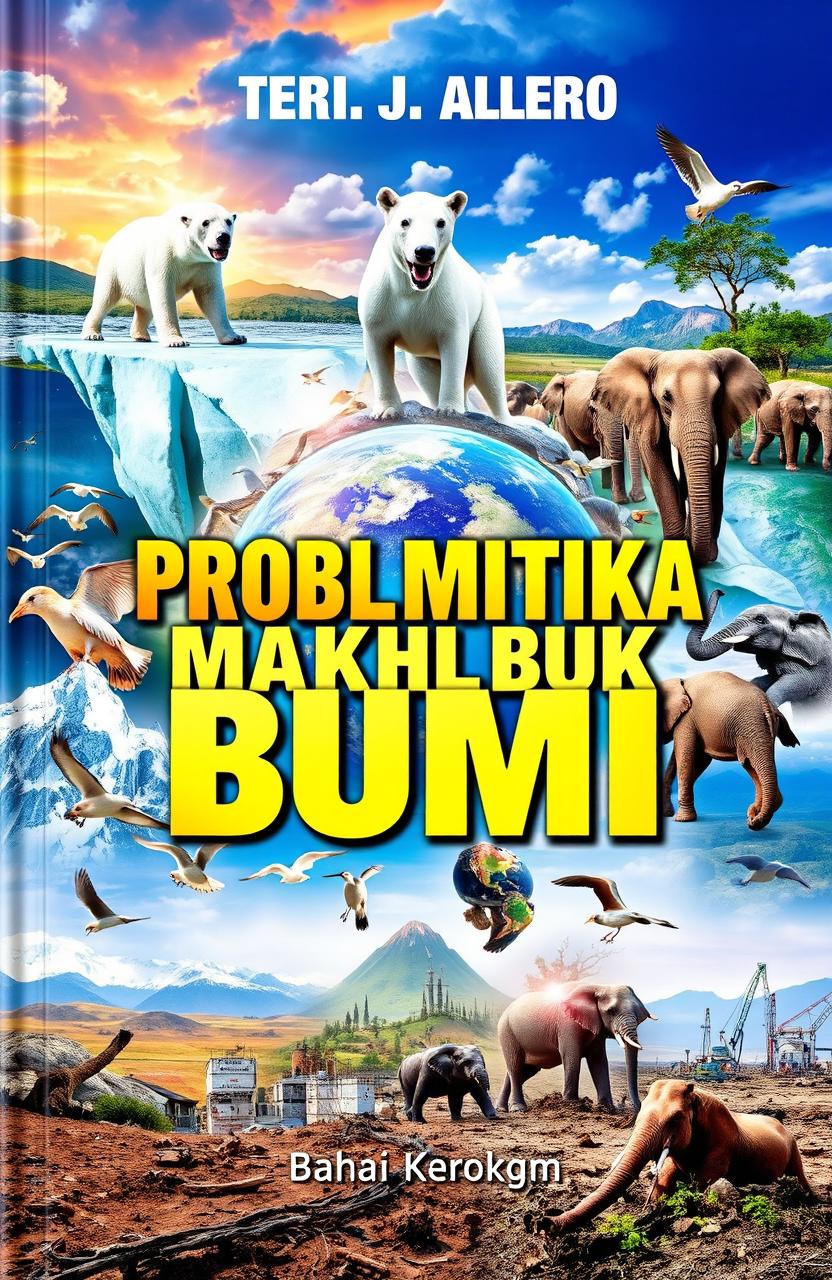 A dynamic and engaging book cover for a title about the problems faced by Earth’s creatures, featuring a collage of various animals in distress, such as polar bears on melting ice, elephants in shrinking habitats, and birds amidst pollution