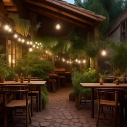 A cozy cafe restaurant situated in a 10 by 20 yard area, furnished with rustic wooden tables and chairs, featuring warm ambient lighting and an assortment of indoor plants.