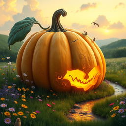 A whimsical fairytale scene featuring a giant, enchanted pumpkin sitting in a lush green meadow