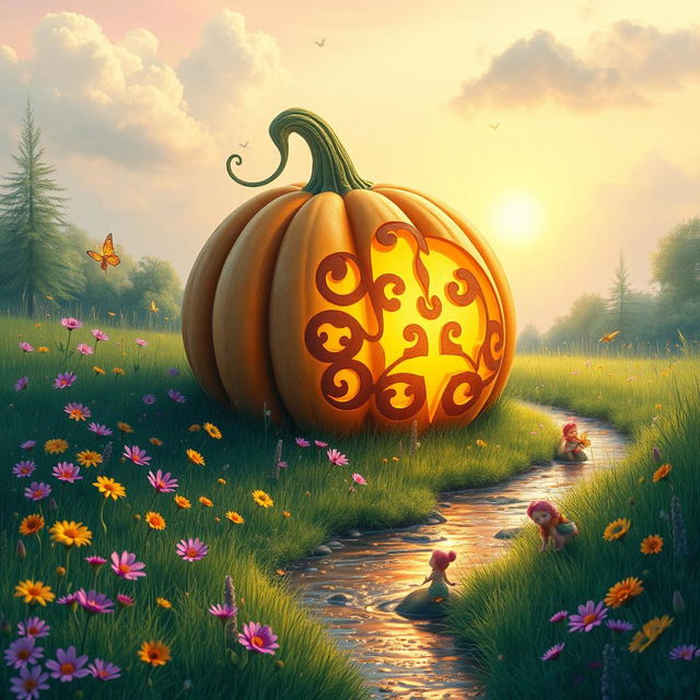 A whimsical fairytale scene featuring a giant, enchanted pumpkin sitting in a lush green meadow