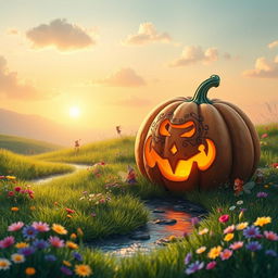 A whimsical fairytale scene featuring a giant, enchanted pumpkin sitting in a lush green meadow