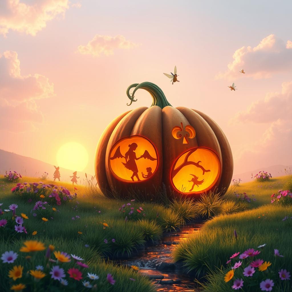 A whimsical fairytale scene featuring a giant, enchanted pumpkin sitting in a lush green meadow