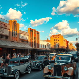 A black and white vintage photograph of a bustling 1920s city street, transformed into a vibrant, high-resolution color image