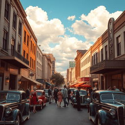 A black and white vintage photograph of a bustling 1920s city street, transformed into a vibrant, high-resolution color image