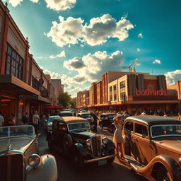 A black and white vintage photograph of a bustling 1920s city street, transformed into a vibrant, high-resolution color image
