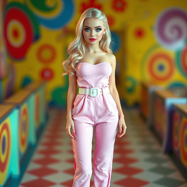 A full-length shot of a sexy, sweet, and innocent 18-year-old blonde girl, styled like a Barbie doll, featuring a thin face and stunning beauty