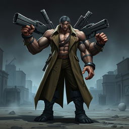 An imaginative character design that combines Eren Yeager's titan form, characterized by muscular, colossal features, intense facial expressions, and distinct titan skin texture, with the imposing and menacing presence of Nemesis from Resident Evil 3, featuring Biohazard elements such as a trench coat, large weaponry, and a signature bioweapon look