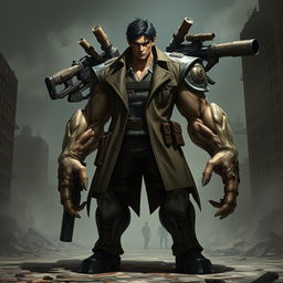 An imaginative character design that combines Eren Yeager's titan form, characterized by muscular, colossal features, intense facial expressions, and distinct titan skin texture, with the imposing and menacing presence of Nemesis from Resident Evil 3, featuring Biohazard elements such as a trench coat, large weaponry, and a signature bioweapon look