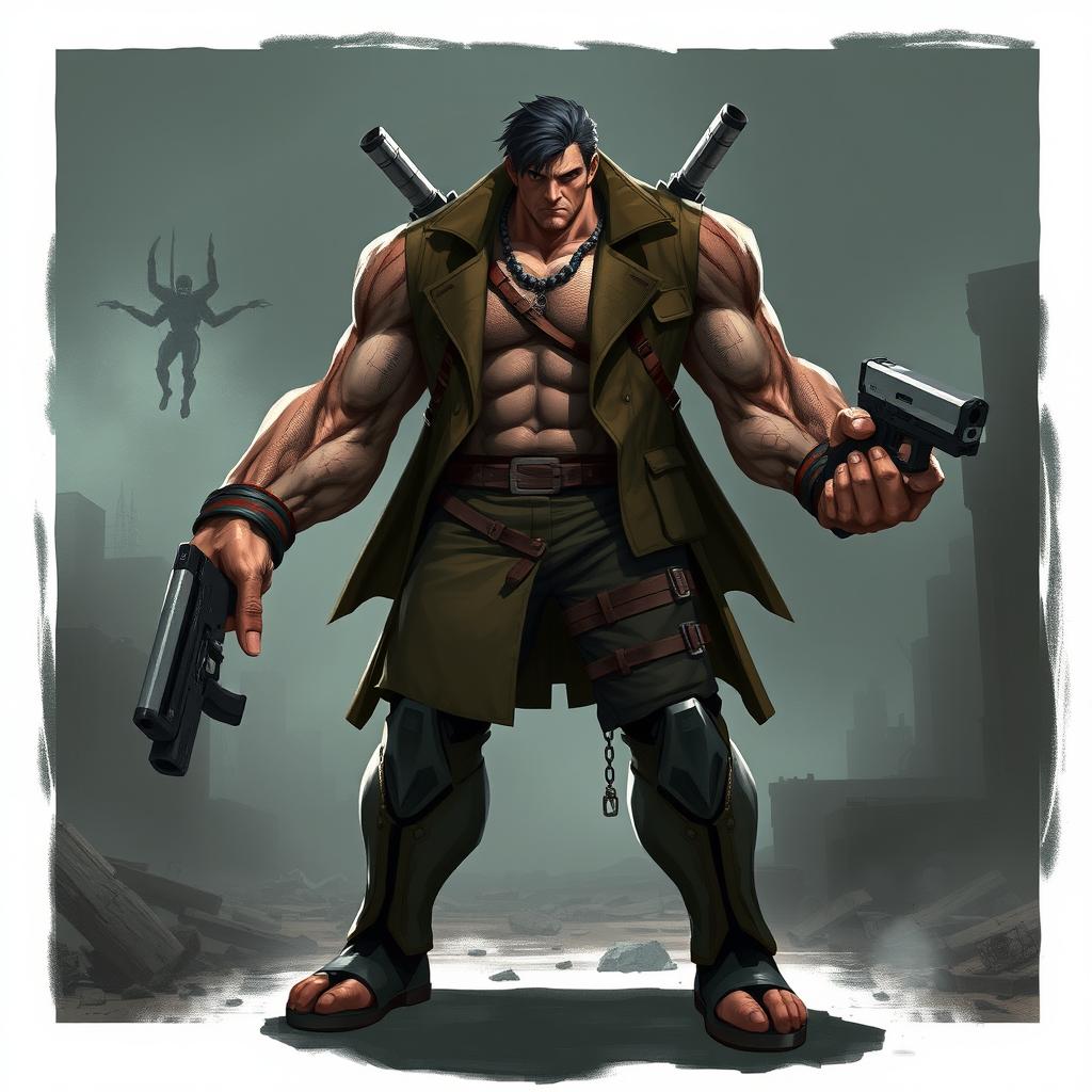 An imaginative character design that combines Eren Yeager's titan form, characterized by muscular, colossal features, intense facial expressions, and distinct titan skin texture, with the imposing and menacing presence of Nemesis from Resident Evil 3, featuring Biohazard elements such as a trench coat, large weaponry, and a signature bioweapon look
