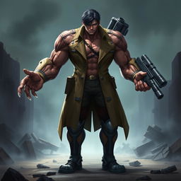 An imaginative character design that combines Eren Yeager's titan form, characterized by muscular, colossal features, intense facial expressions, and distinct titan skin texture, with the imposing and menacing presence of Nemesis from Resident Evil 3, featuring Biohazard elements such as a trench coat, large weaponry, and a signature bioweapon look