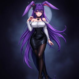 A sexy gothic anime bunny girl featuring long, flowing purple hair that adds an enchanting touch to her character