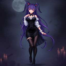 A sexy gothic anime bunny girl featuring long, flowing purple hair that adds an enchanting touch to her character