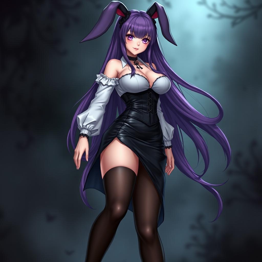 A sexy gothic anime bunny girl featuring long, flowing purple hair that adds an enchanting touch to her character