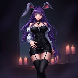 A sexy gothic anime bunny girl featuring long, flowing purple hair that adds an enchanting touch to her character