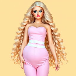 A full-length portrayal of a sexy, sweet, and innocent 18-year-old blonde girl, styled as a Barbie doll, featuring a thin face and captivating beauty