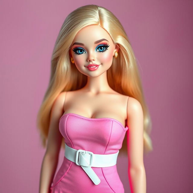 A full-length portrayal of a sexy, sweet, and innocent 18-year-old blonde girl, styled as a Barbie doll, featuring a thin face and captivating beauty