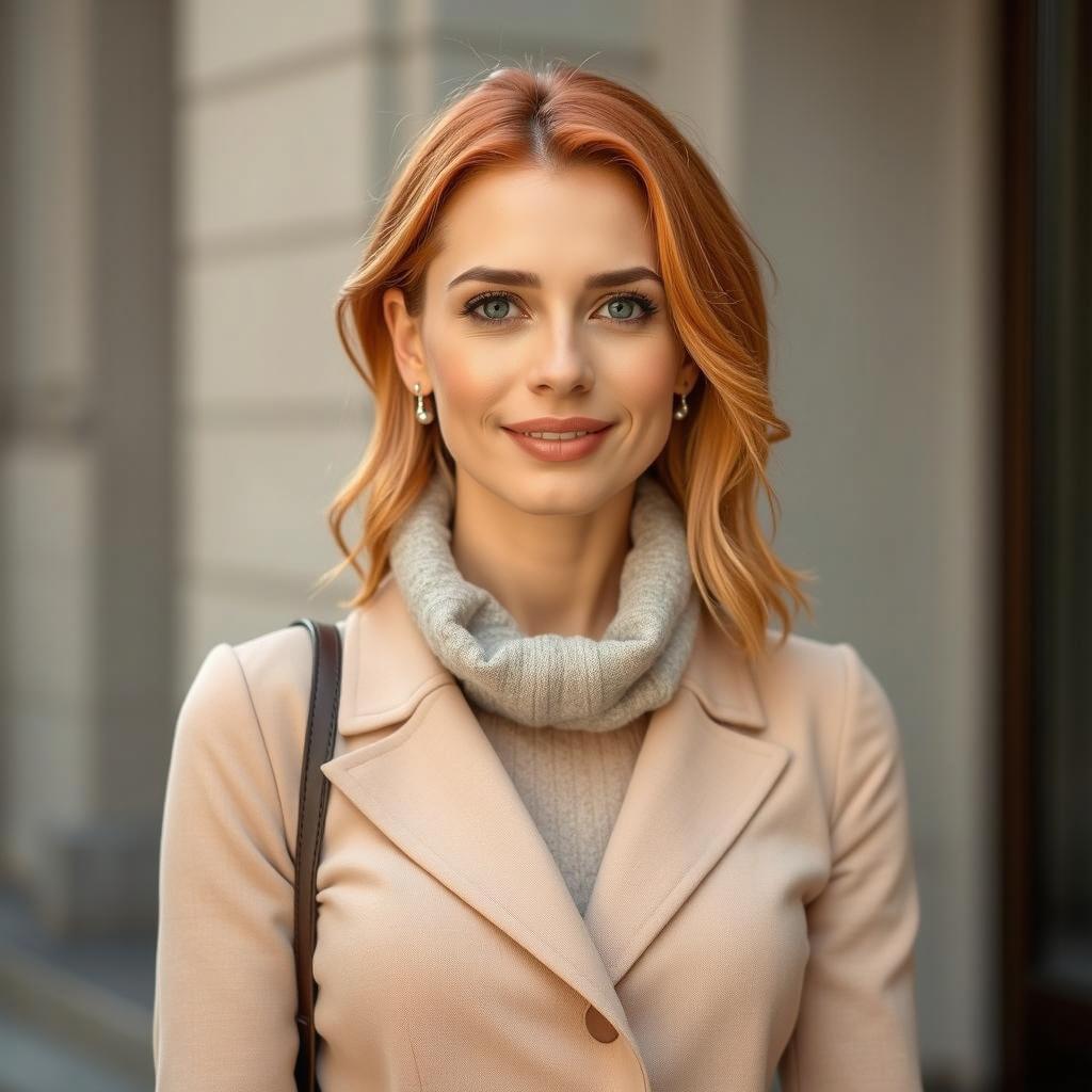 A young woman with stunning red hair, wearing a stylish cream-colored coat over a cozy grey sweater