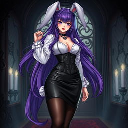 A seductive gothic anime bunny girl with long, luscious purple hair cascading dramatically around her shoulders