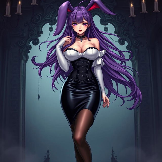 A seductive gothic anime bunny girl with long, luscious purple hair cascading dramatically around her shoulders