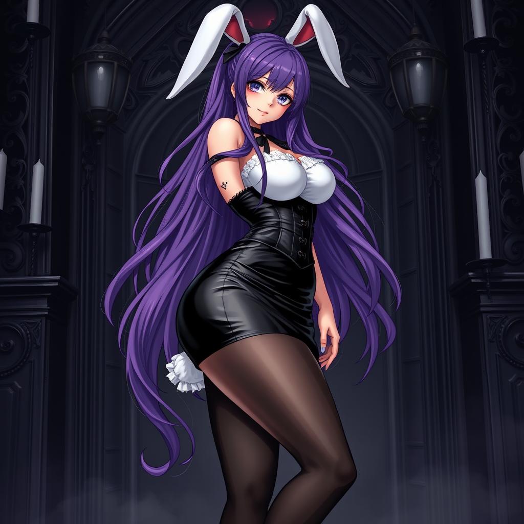 A seductive gothic anime bunny girl with long, luscious purple hair cascading dramatically around her shoulders