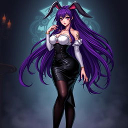 A seductive gothic anime bunny girl with long, luscious purple hair cascading dramatically around her shoulders