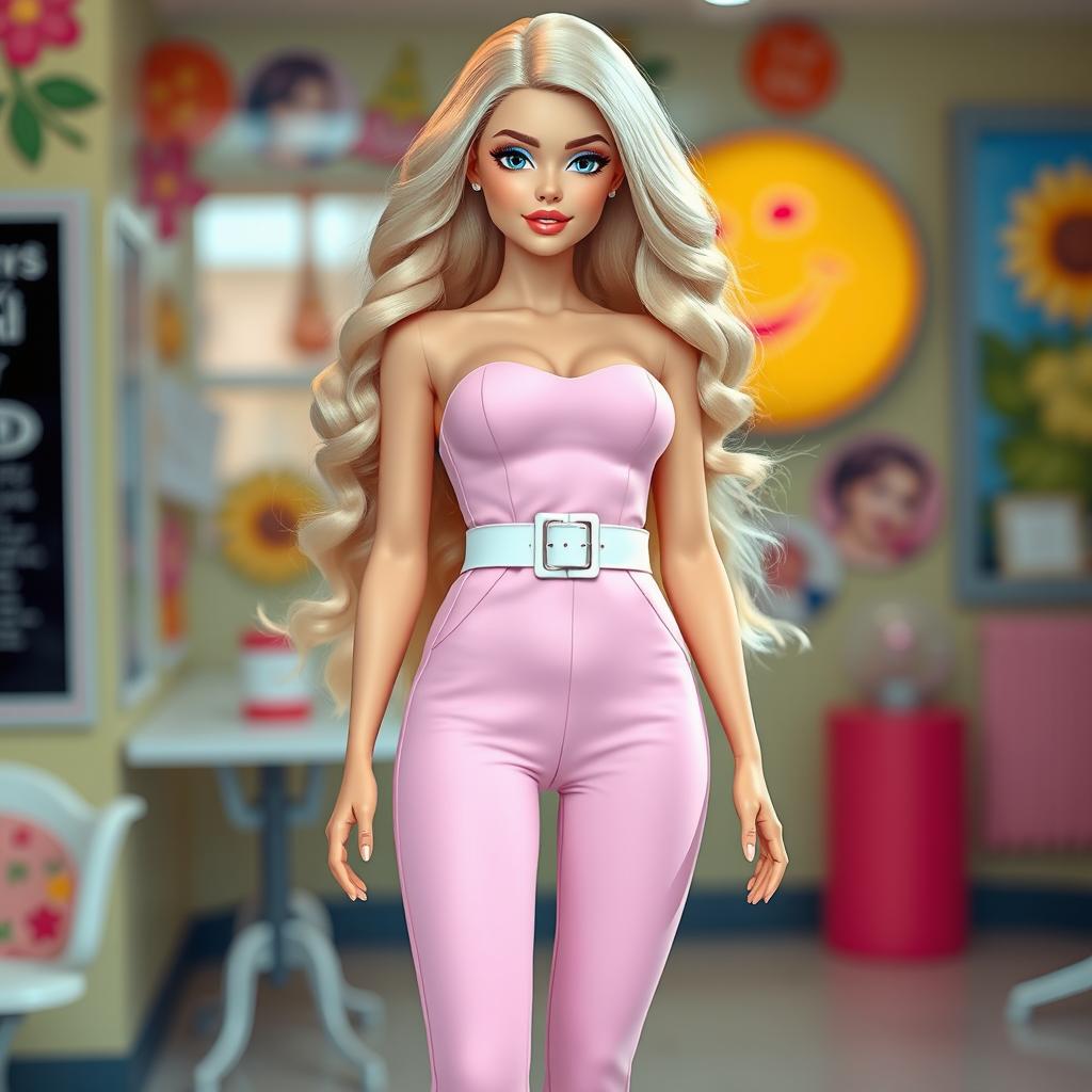 A full-length depiction of a sexy, sweet, and innocent 18-year-old blonde girl styled as a real-life Barbie doll, showcasing a thin face and striking beauty