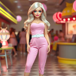 A full-length depiction of a sexy, sweet, and innocent 18-year-old blonde girl styled as a real-life Barbie doll, showcasing a thin face and striking beauty