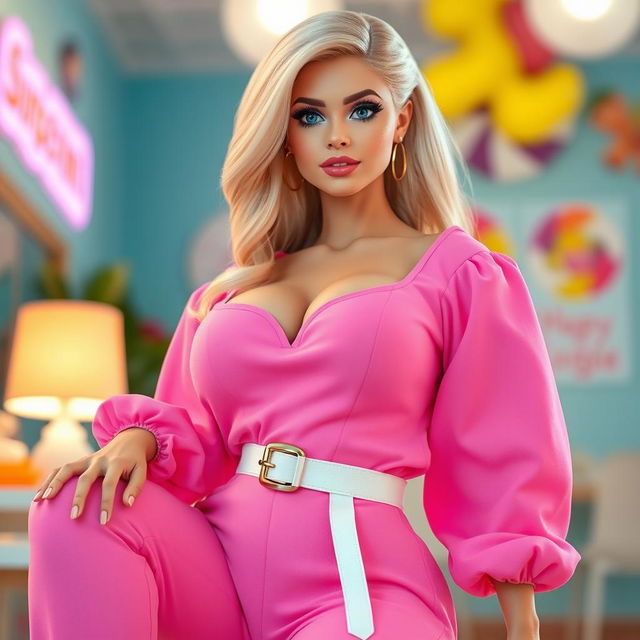 A full-length depiction of a sexy, sweet, and innocent 18-year-old blonde girl styled as a real-life Barbie doll, showcasing a thin face and striking beauty