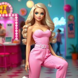 A full-length depiction of a sexy, sweet, and innocent 18-year-old blonde girl styled as a real-life Barbie doll, showcasing a thin face and striking beauty