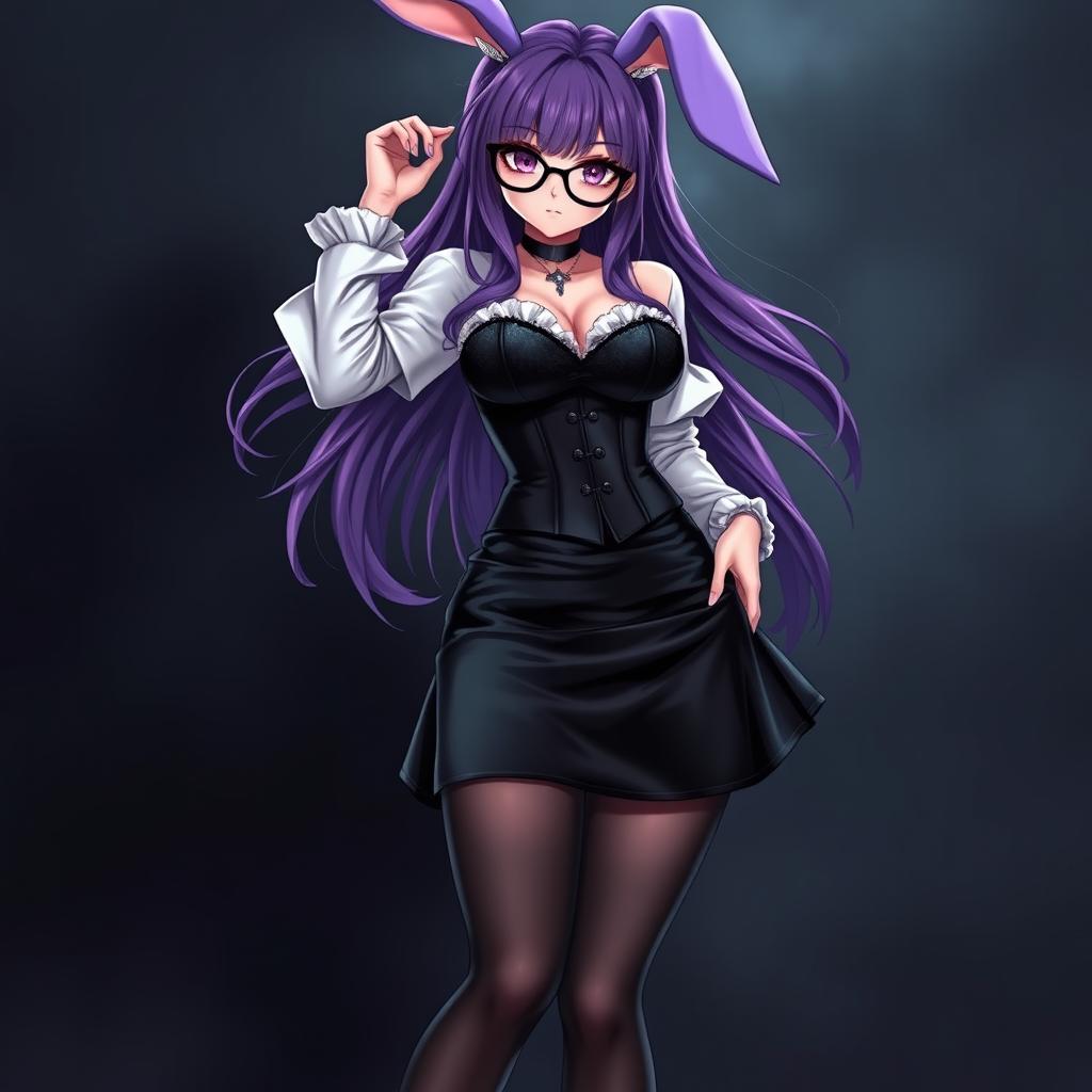 A sexy gothic anime bunny girl with long, flowing purple hair adorned with stylish glasses that accentuate her playful and seductive personality