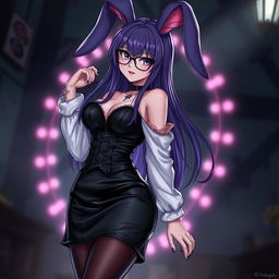 A sexy gothic anime bunny girl with long, flowing purple hair adorned with stylish glasses that accentuate her playful and seductive personality