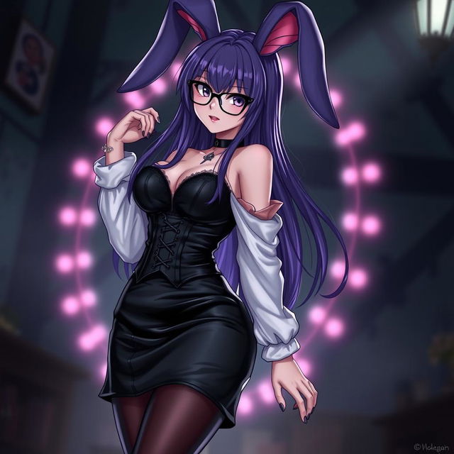 A sexy gothic anime bunny girl with long, flowing purple hair adorned with stylish glasses that accentuate her playful and seductive personality