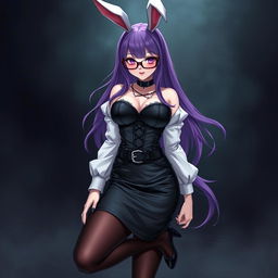 A sexy gothic anime bunny girl with long, flowing purple hair adorned with stylish glasses that accentuate her playful and seductive personality