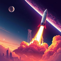 A vibrant and dynamic digital art poster depicting a rocket launch into space