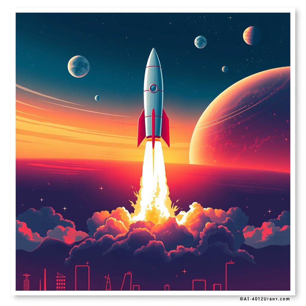 A vibrant and dynamic digital art poster depicting a rocket launch into space