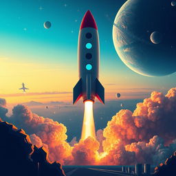 A vibrant and dynamic digital art poster depicting a rocket launch into space
