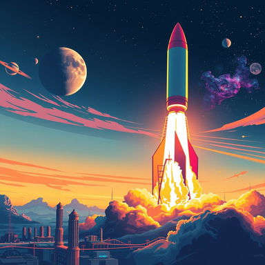 A vibrant and dynamic digital art poster depicting a rocket launch into space