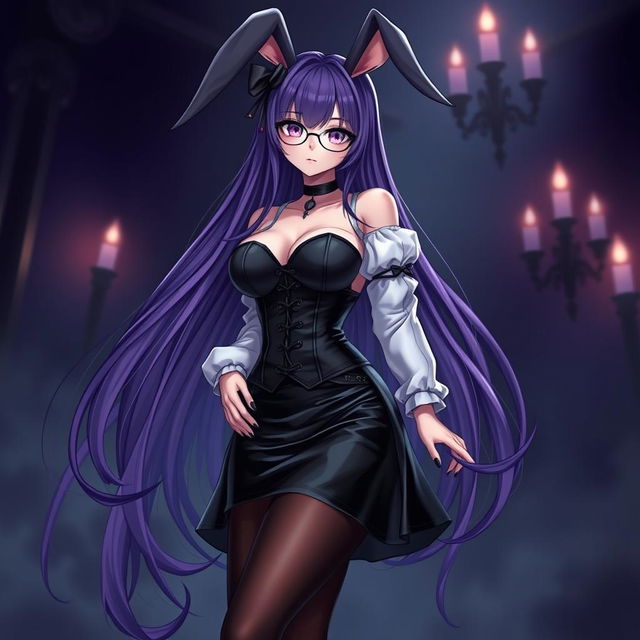 A sexy gothic anime bunny girl with long, luxurious purple hair, elegantly styled and adorned with fashionable glasses that enhance her captivating look