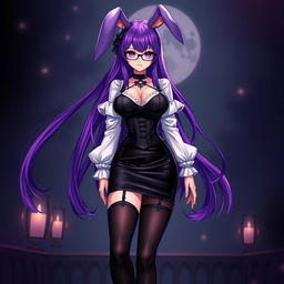 A sexy gothic anime bunny girl with long, luxurious purple hair, elegantly styled and adorned with fashionable glasses that enhance her captivating look