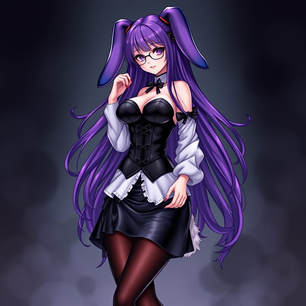 A sexy gothic anime bunny girl with long, luxurious purple hair, elegantly styled and adorned with fashionable glasses that enhance her captivating look