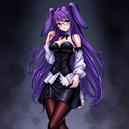 A sexy gothic anime bunny girl with long, luxurious purple hair, elegantly styled and adorned with fashionable glasses that enhance her captivating look