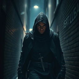 An assassin cloaked in darkness, skillfully navigating through a shadowy alley amidst a somber urban landscape at night
