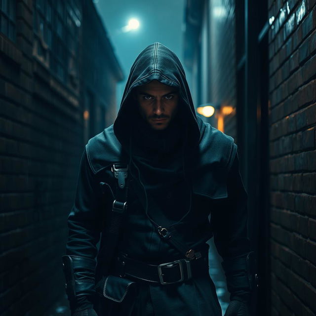 An assassin cloaked in darkness, skillfully navigating through a shadowy alley amidst a somber urban landscape at night