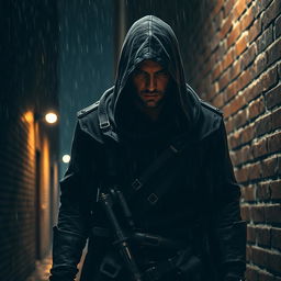 An assassin cloaked in darkness, skillfully navigating through a shadowy alley amidst a somber urban landscape at night