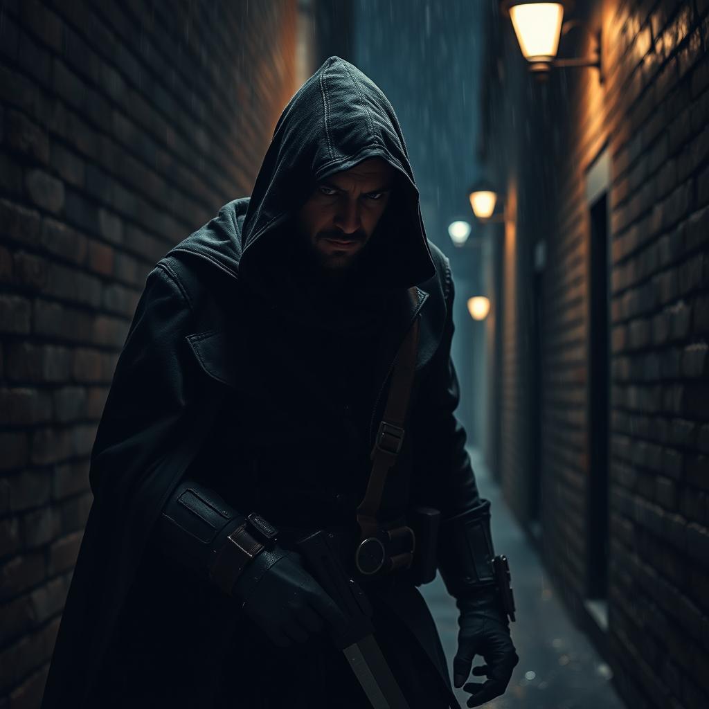 An assassin cloaked in darkness, skillfully navigating through a shadowy alley amidst a somber urban landscape at night