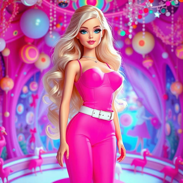 A full-length depiction of a sexy, sweet, and innocent 18-year-old blonde girl, resembling a real-life Barbie doll