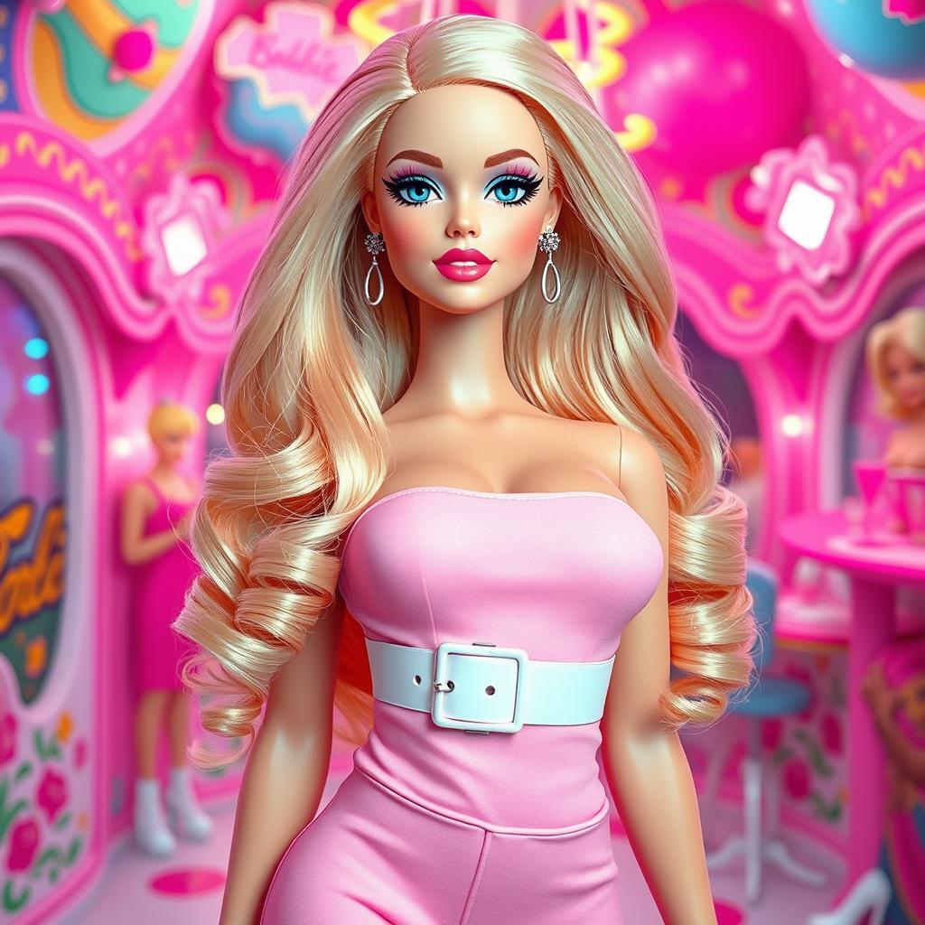 A full-length depiction of a sexy, sweet, and innocent 18-year-old blonde girl, resembling a real-life Barbie doll